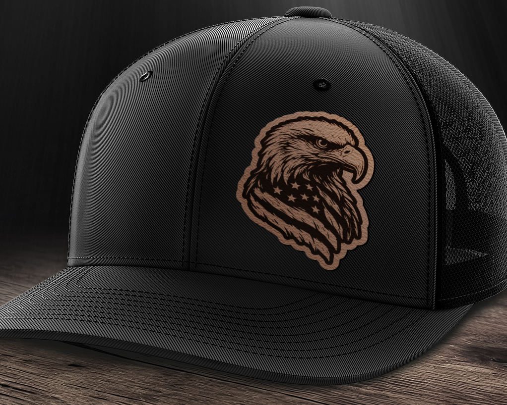 Eagle Flag (left), Leather Patch Trucker Hat