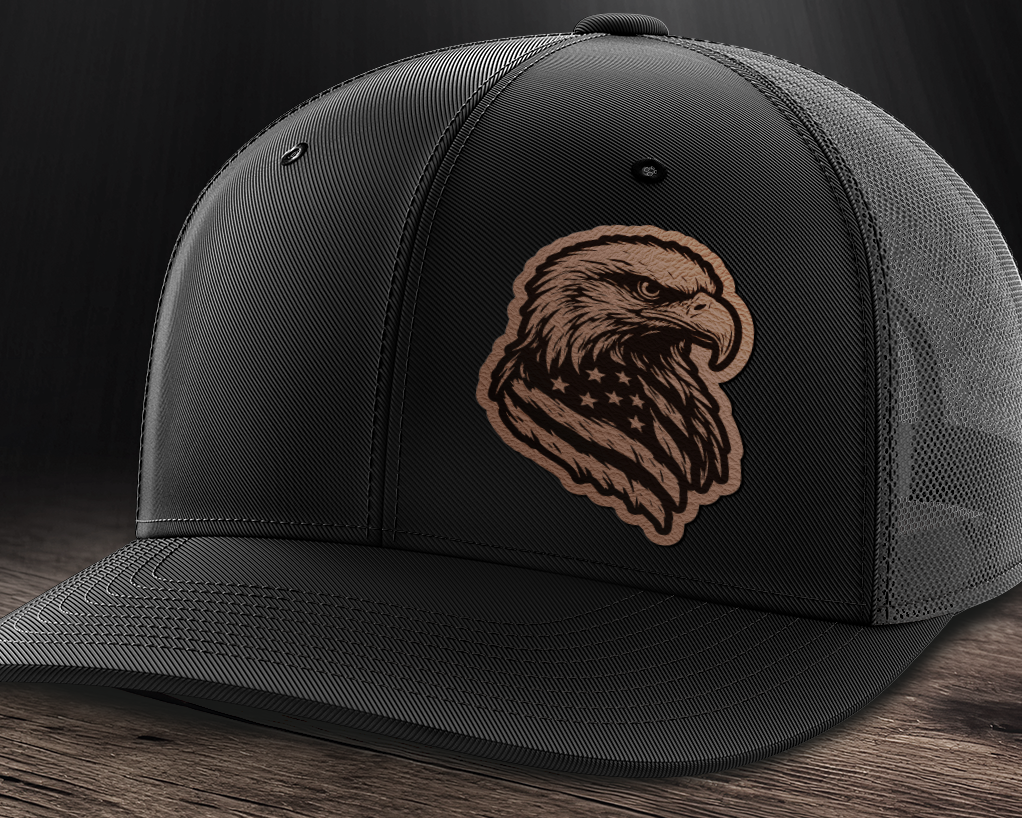 Eagle Flag (left), Leather Patch Trucker Hat