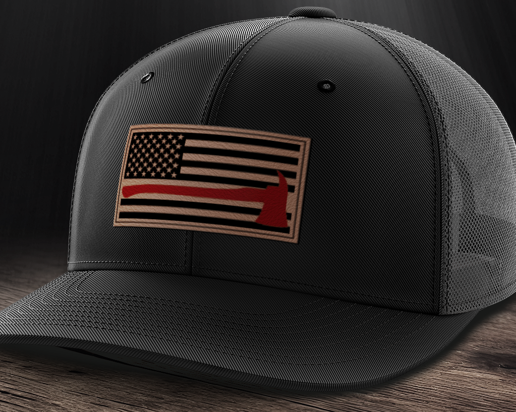 Thin Red Line Firemen Flag Hat with Axe, Leather Patch Trucker Hat