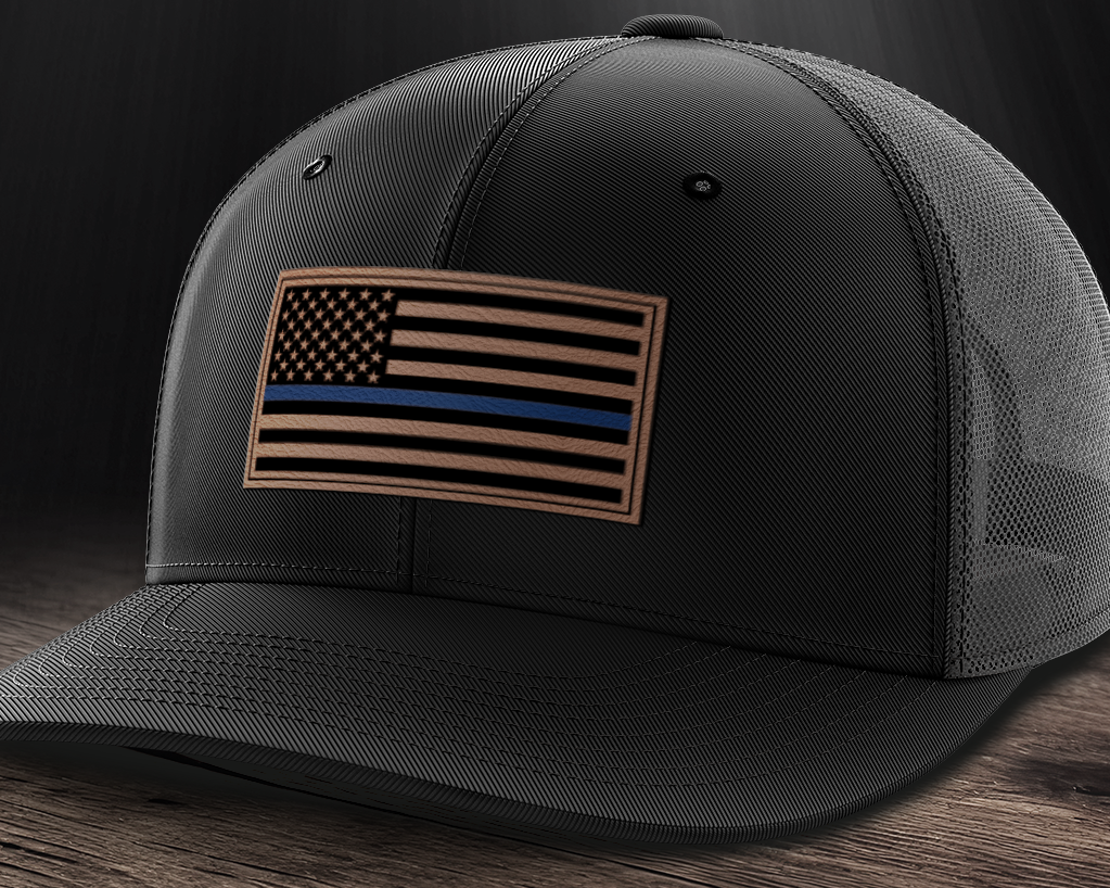 Thin Blue Line Police Flag Hat, Leather Patch Trucker Hat