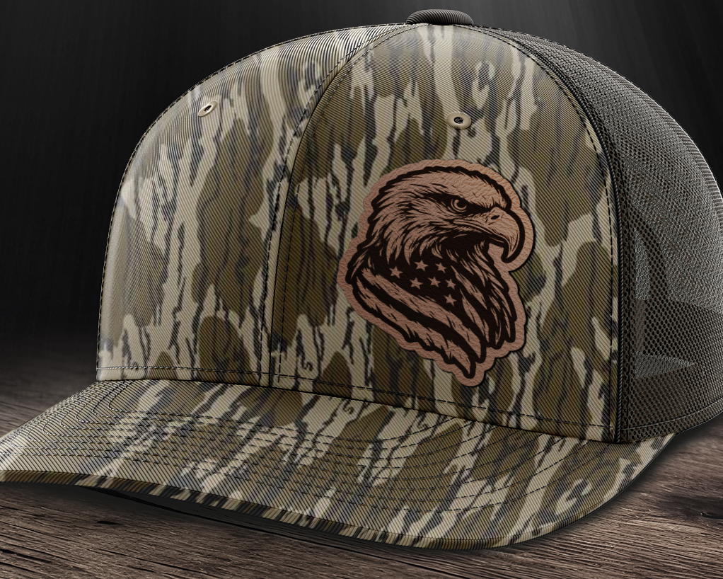 Eagle Flag (left), Leather Patch Trucker Hat