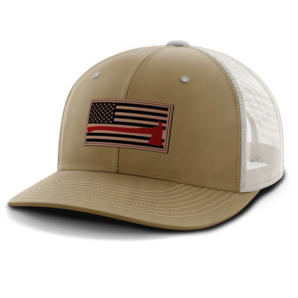 Thin Red Line Firemen Flag Hat with Axe, Leather Patch Trucker Hat