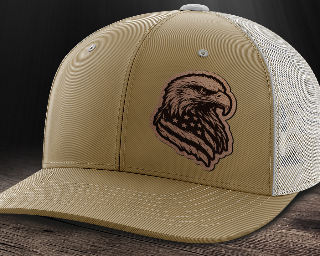 Eagle Flag (left), Leather Patch Trucker Hat