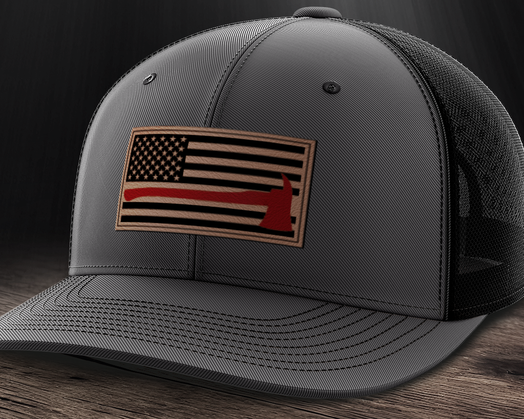 Thin Red Line Firemen Flag Hat with Axe, Leather Patch Trucker Hat