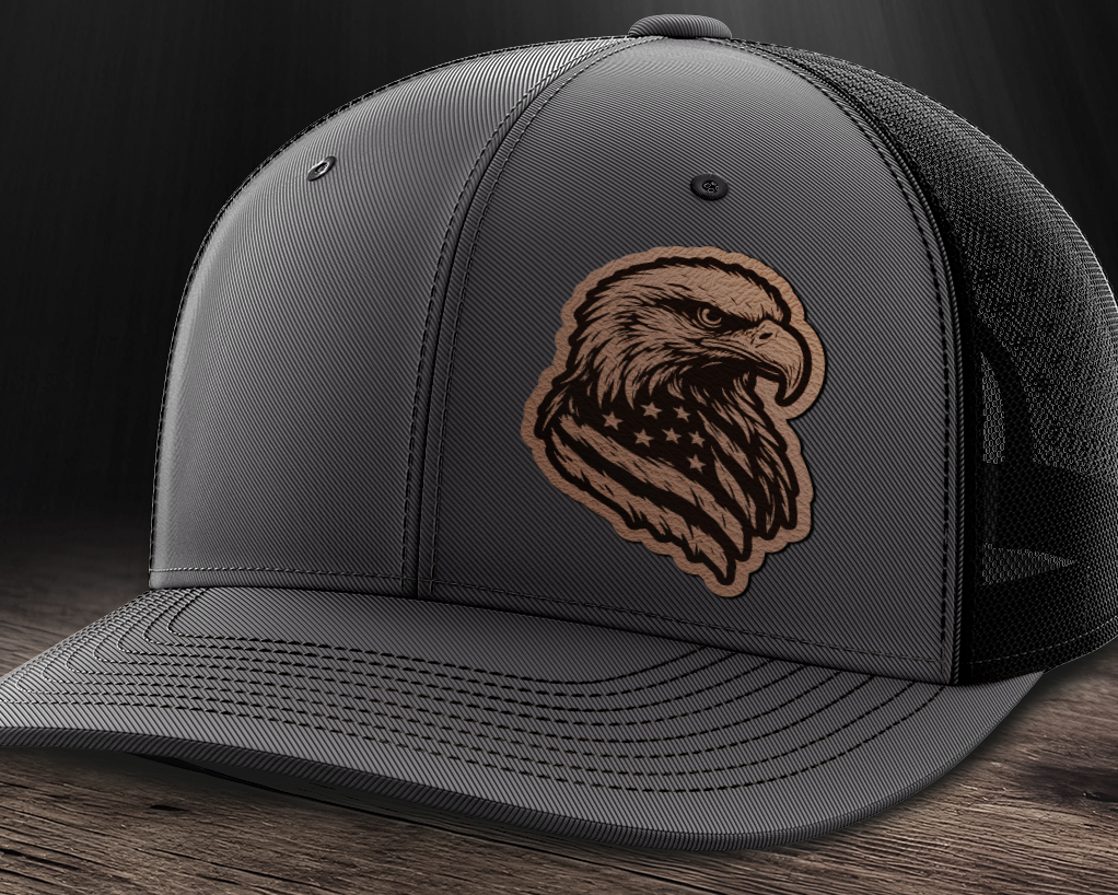 Eagle Flag (left), Leather Patch Trucker Hat