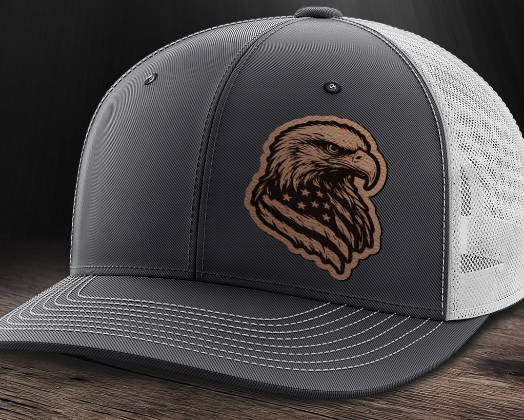 Eagle Flag (left), Leather Patch Trucker Hat