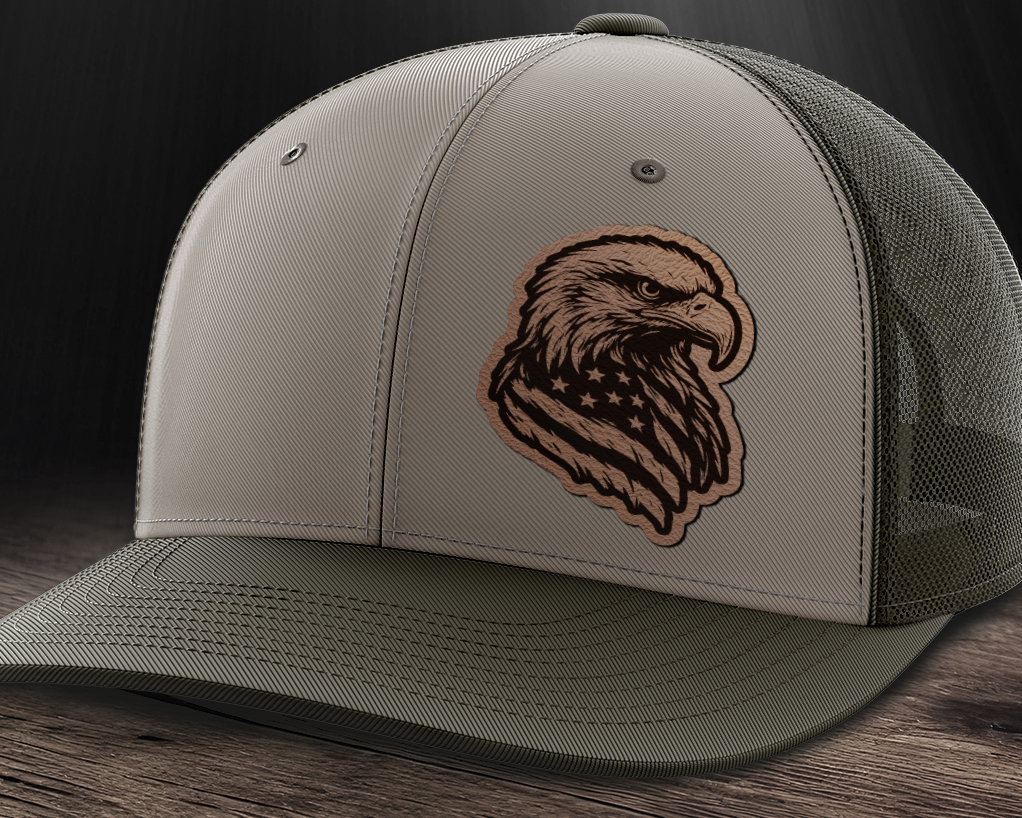 Eagle Flag (left), Leather Patch Trucker Hat