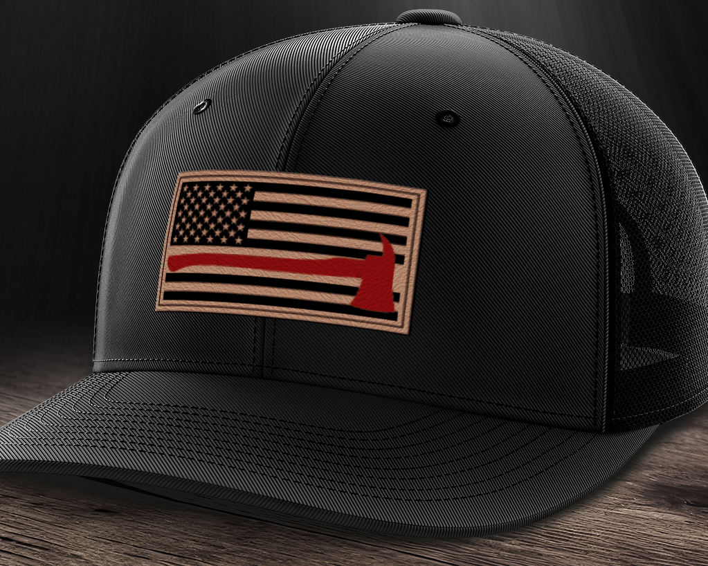 Thin Red Line Firemen Flag Hat with Axe, Leather Patch Trucker Hat