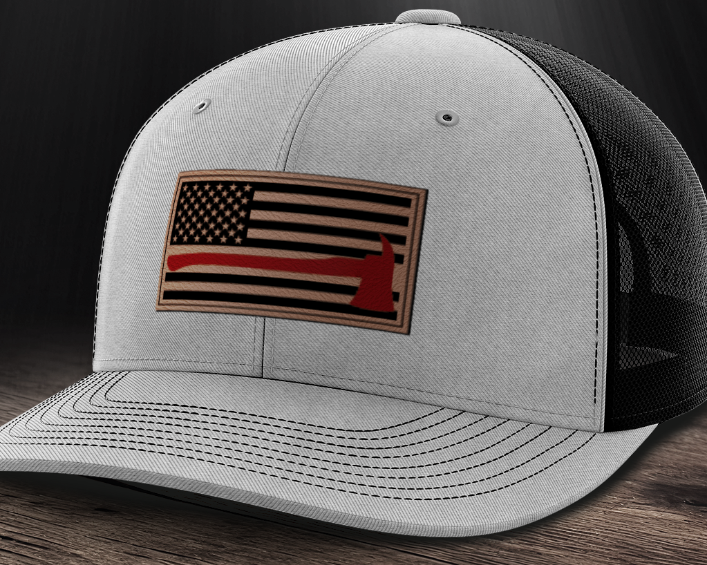 Thin Red Line Firemen Flag Hat with Axe, Leather Patch Trucker Hat
