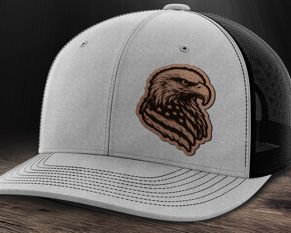 Eagle Flag (left), Leather Patch Trucker Hat