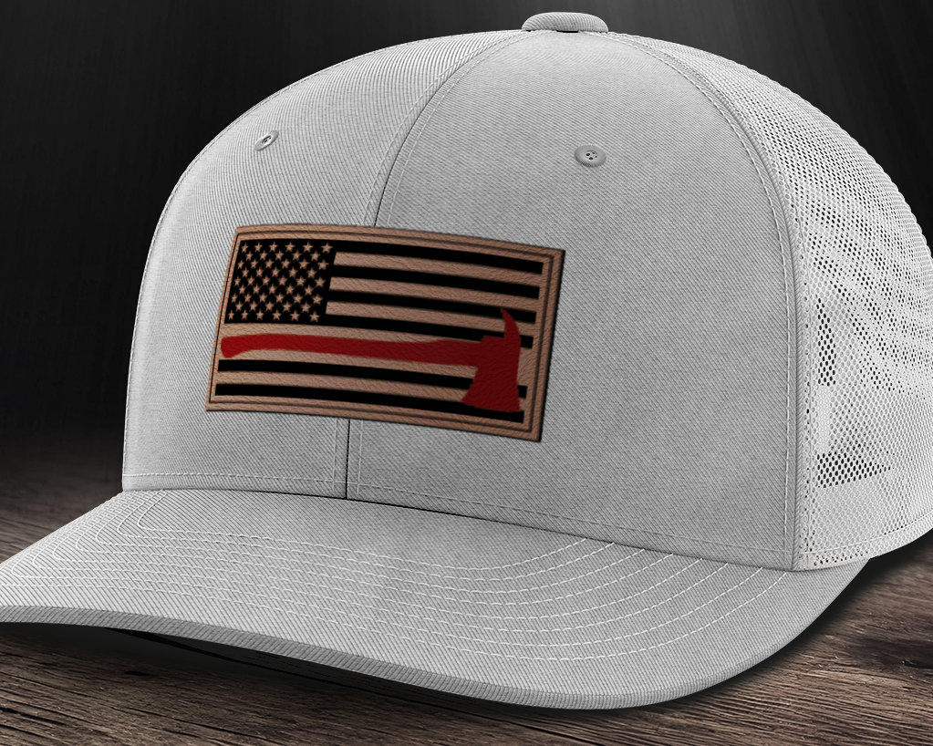 Thin Red Line Firemen Flag Hat with Axe, Leather Patch Trucker Hat