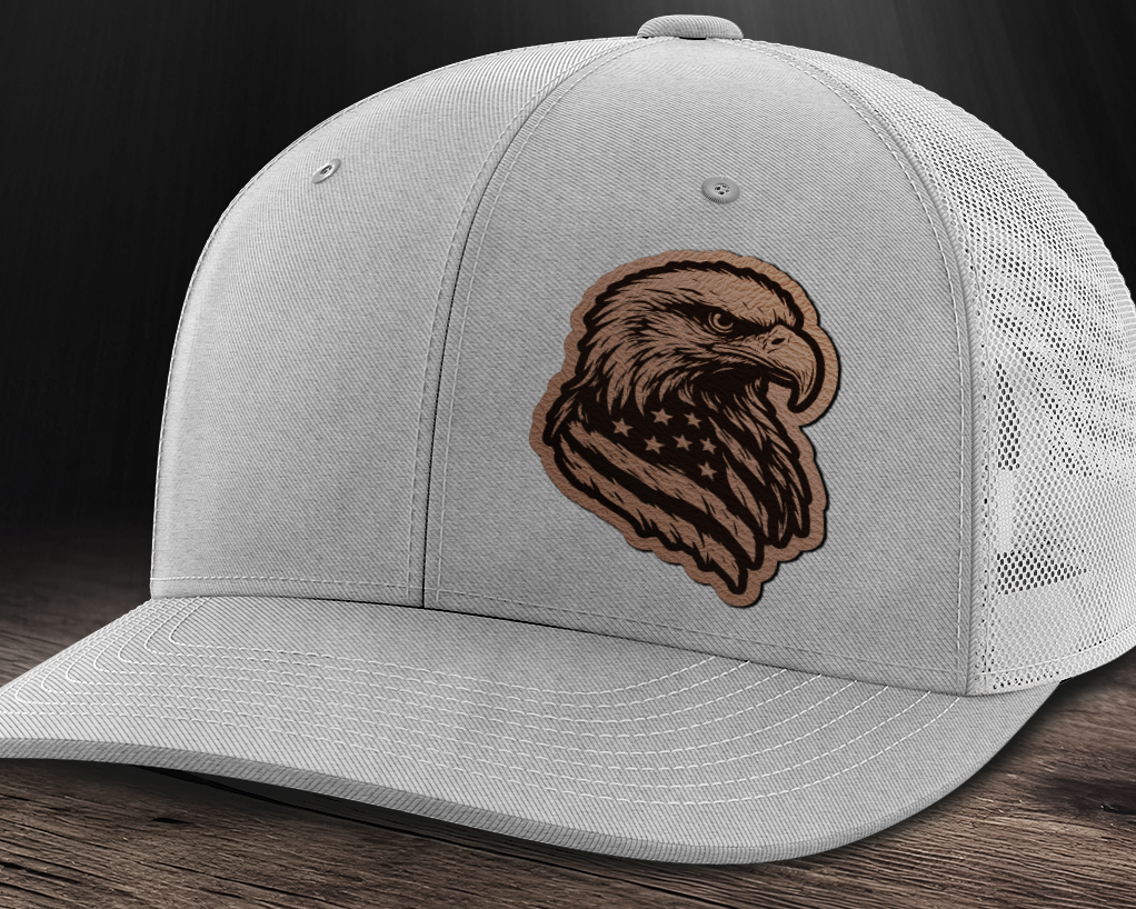 Eagle Flag (left), Leather Patch Trucker Hat