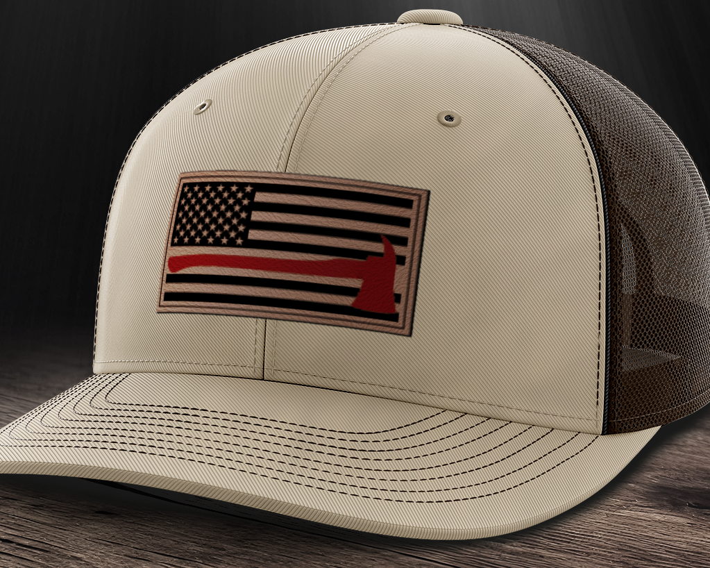 Thin Red Line Firemen Flag Hat with Axe, Leather Patch Trucker Hat