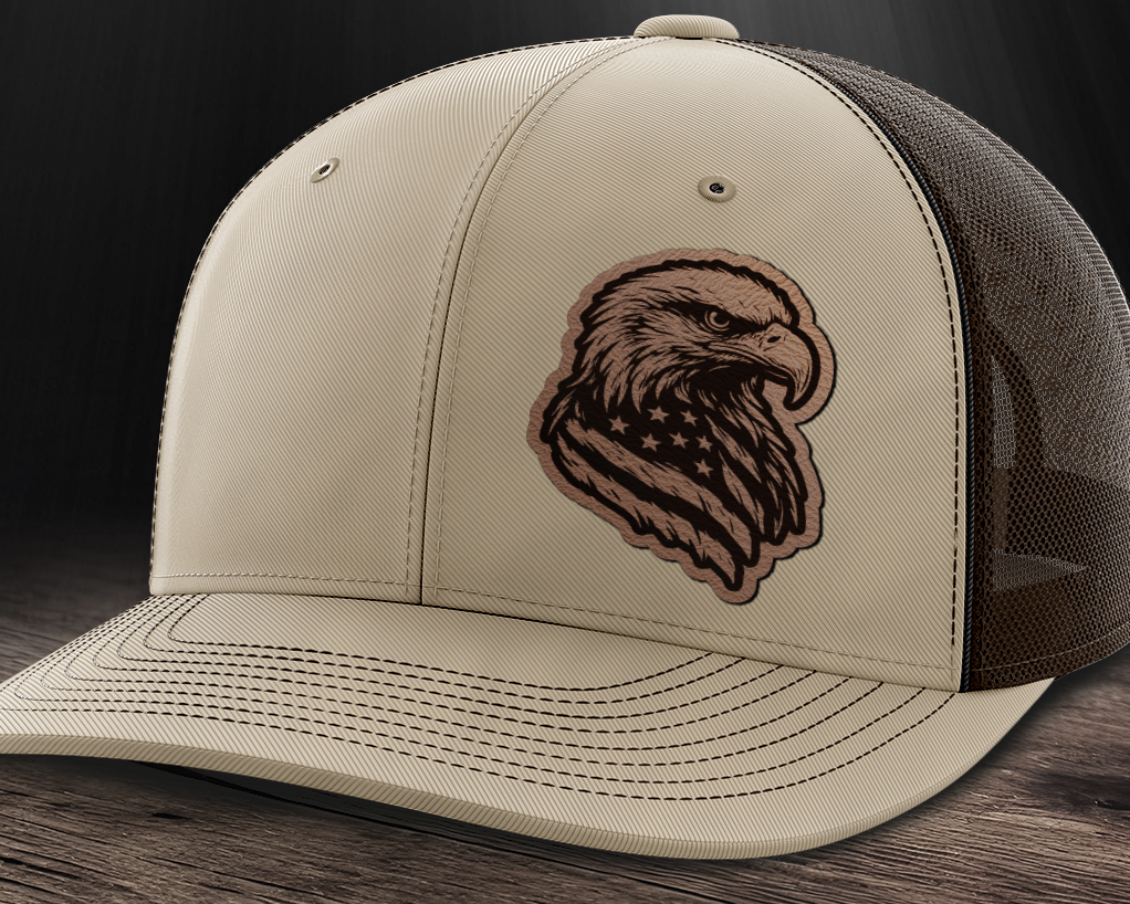 Eagle Flag (left), Leather Patch Trucker Hat