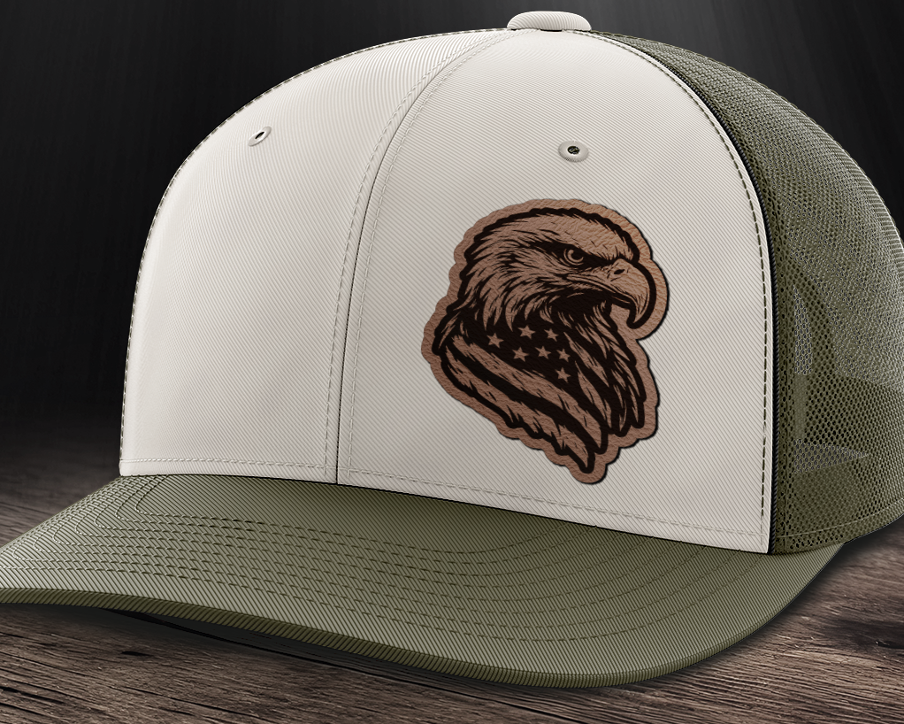Eagle Flag (left), Leather Patch Trucker Hat
