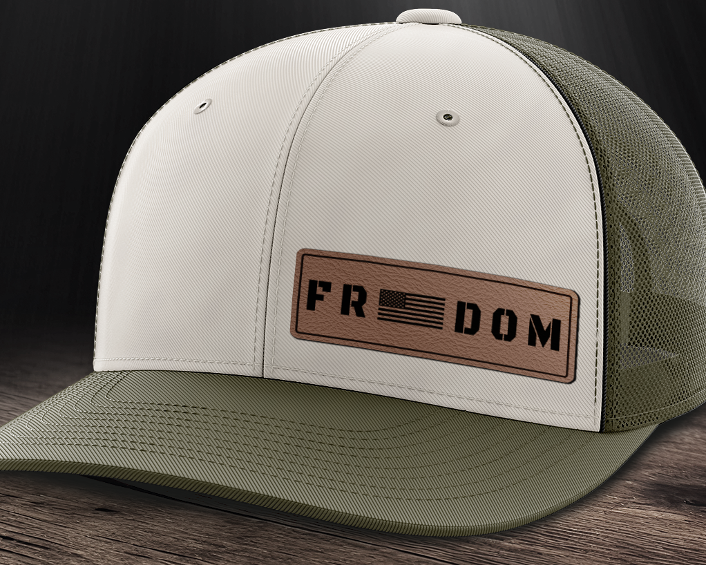Freedom (left), Leather Patch Trucker Hat