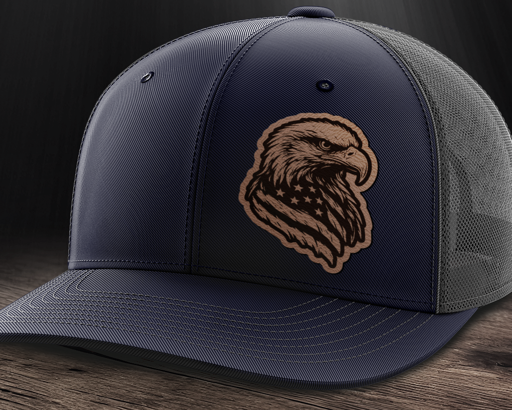 Eagle Flag (left), Leather Patch Trucker Hat