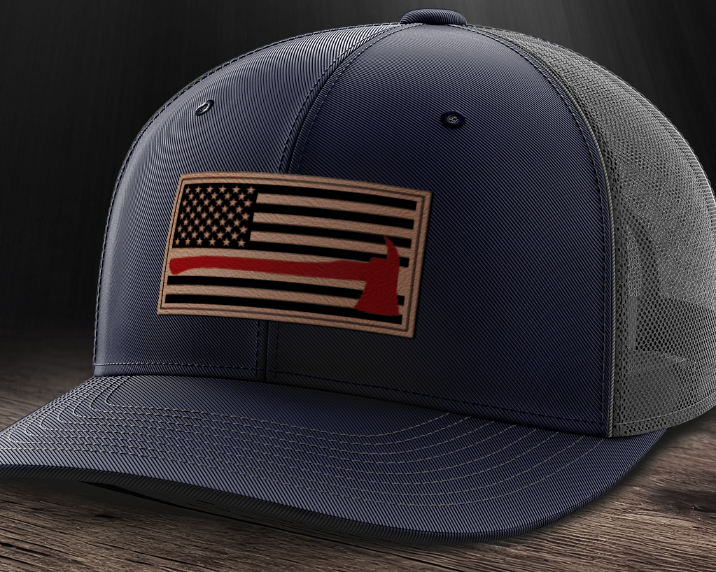 Thin Red Line Firemen Flag Hat with Axe, Leather Patch Trucker Hat