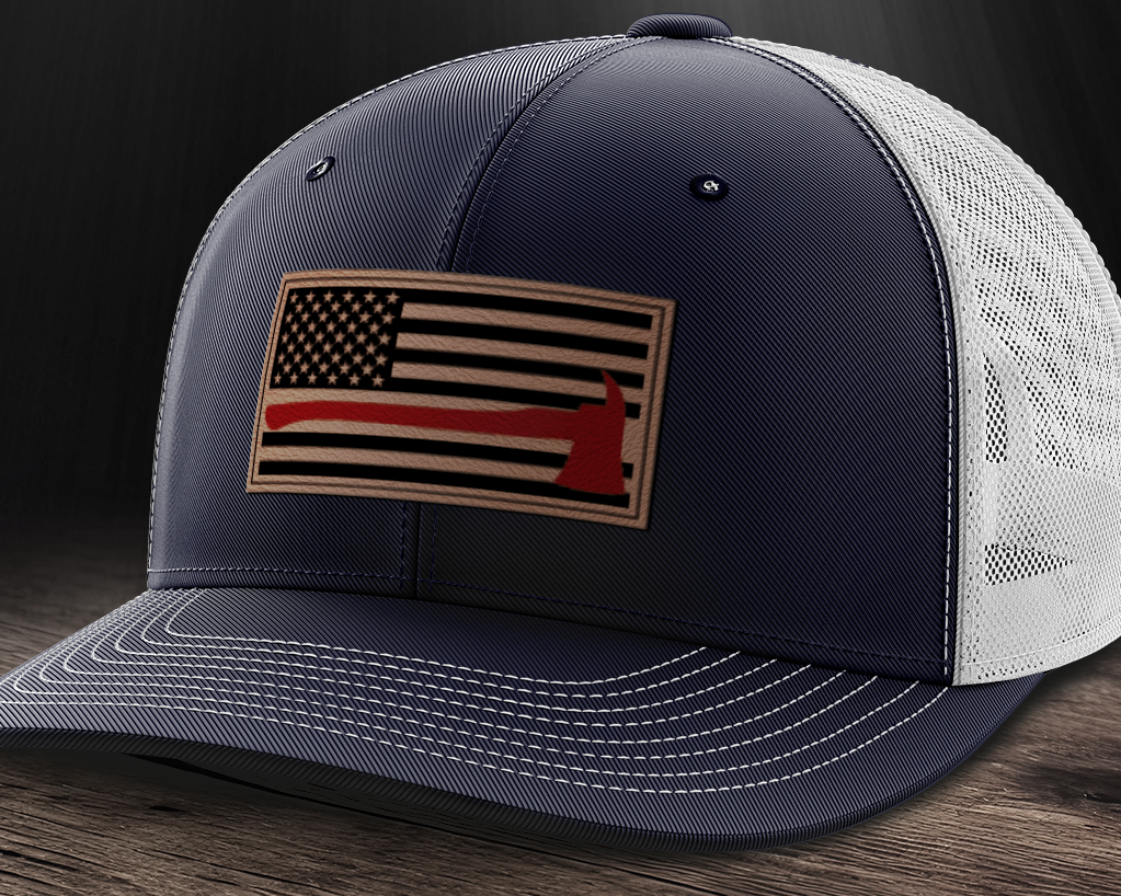 Thin Red Line Firemen Flag Hat with Axe, Leather Patch Trucker Hat