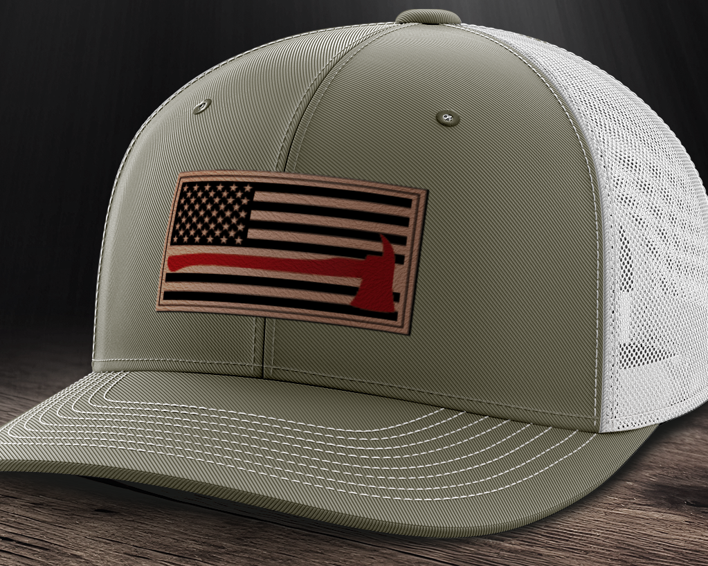 Thin Red Line Firemen Flag Hat with Axe, Leather Patch Trucker Hat