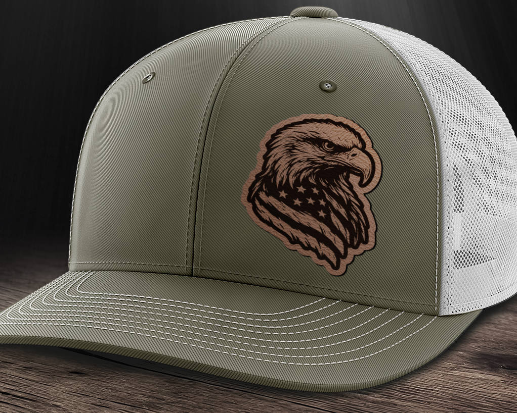 Eagle Flag (left), Leather Patch Trucker Hat