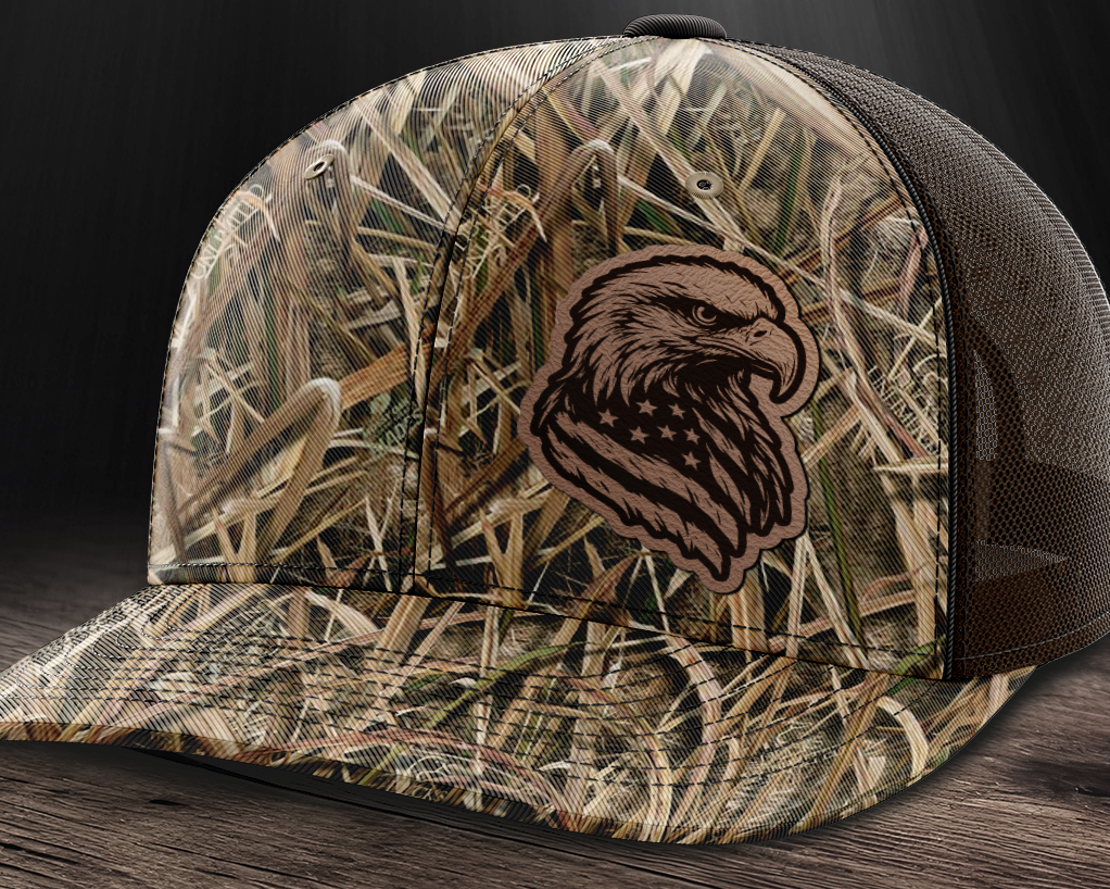 Eagle Flag (left), Leather Patch Trucker Hat