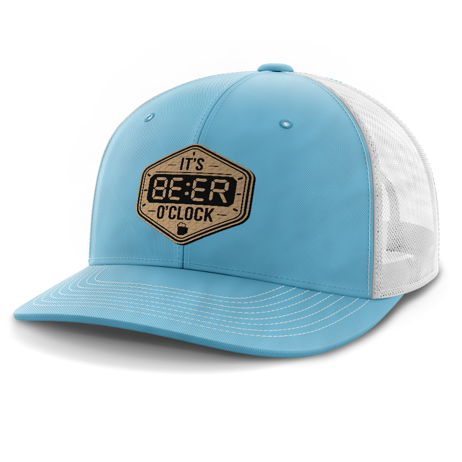 Beer O'Clock — 6 Panel Mid Profile Mesh Back Trucker Hat — Aqua | White