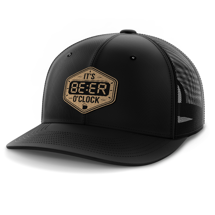 Beer O'Clock — 6 Panel Mid Profile Mesh Back Trucker Hat — Black