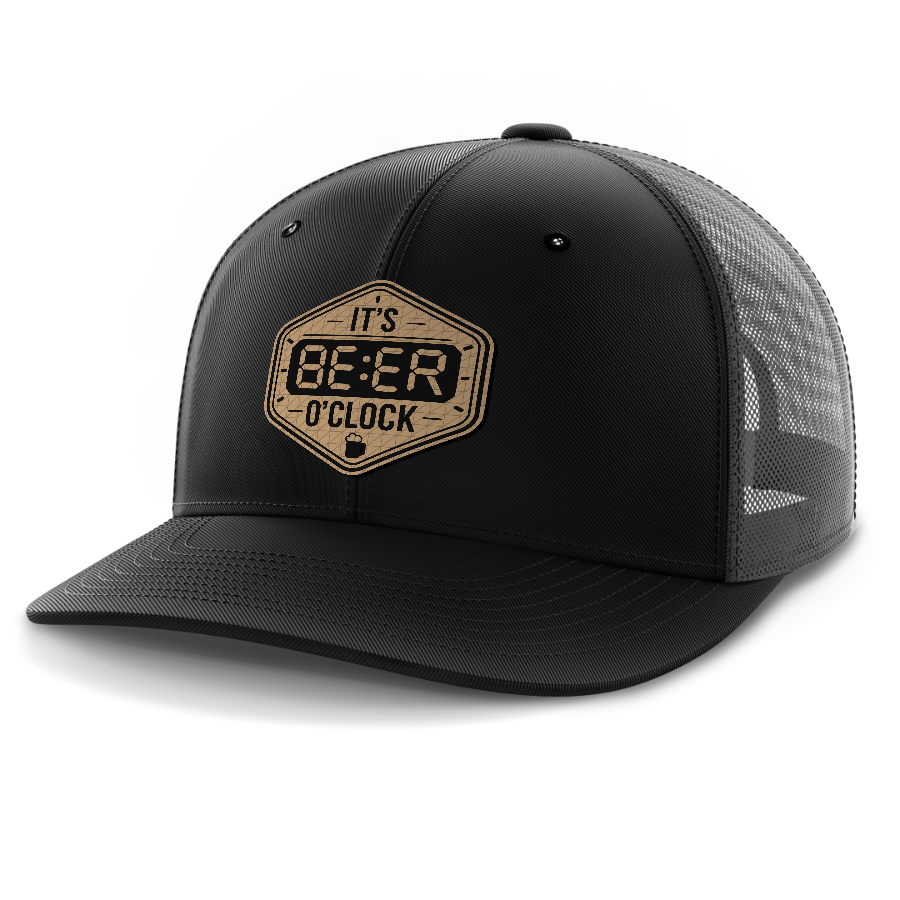 Beer O'Clock — 6 Panel Mid Profile Mesh Back Trucker Hat — Black | Dark Gray