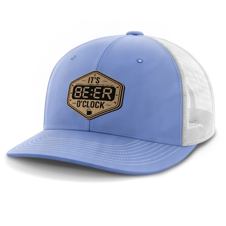 Beer O'Clock — 6 Panel Mid Profile Mesh Back Trucker Hat — Cobalt Blue | White