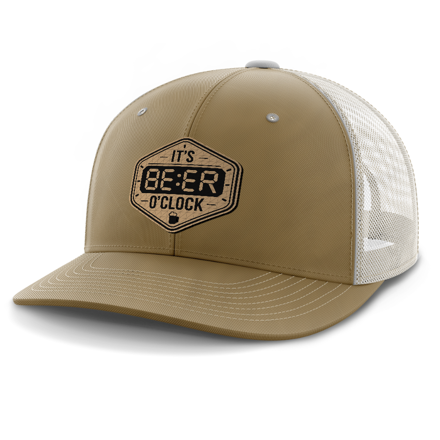 Beer O'Clock — 6 Panel Mid Profile Mesh Back Trucker Hat — Coyote Brown | Light Khaki