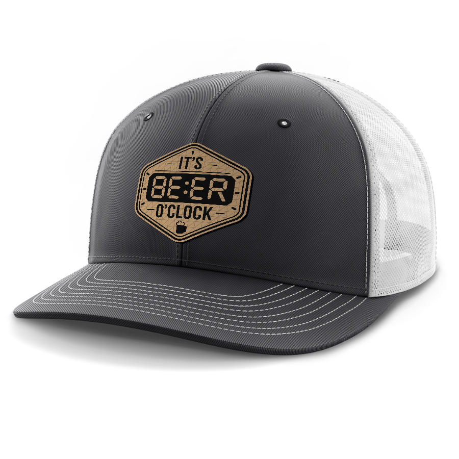 Beer O'Clock — 6 Panel Mid Profile Mesh Back Trucker Hat — Dark Gray | White