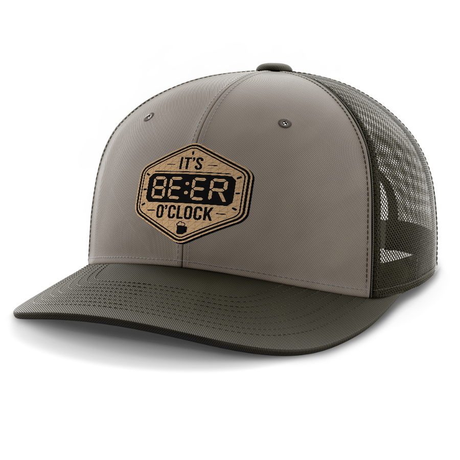 Beer O'Clock — 6 Panel Mid Profile Mesh Back Trucker Hat — DK Green | Gray | Dk Green