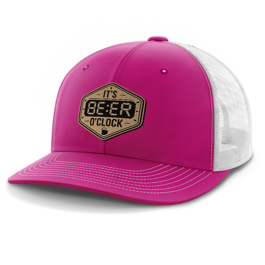 Beer O'Clock — 6 Panel Mid Profile Mesh Back Trucker Hat — Hot Pink | White