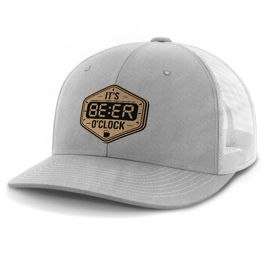 Beer O'Clock — 6 Panel Mid Profile Mesh Back Trucker Hat — Heather Gray | White