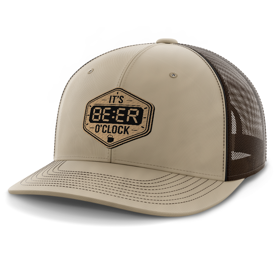 Beer O'Clock — 6 Panel Mid Profile Mesh Back Trucker Hat — Khaki | Dark Brown