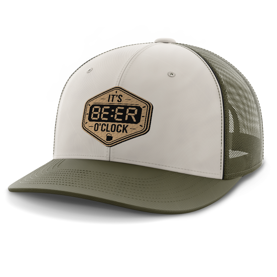 Beer O'Clock — 6 Panel Mid Profile Mesh Back Trucker Hat — Light Khaki | Olive Green