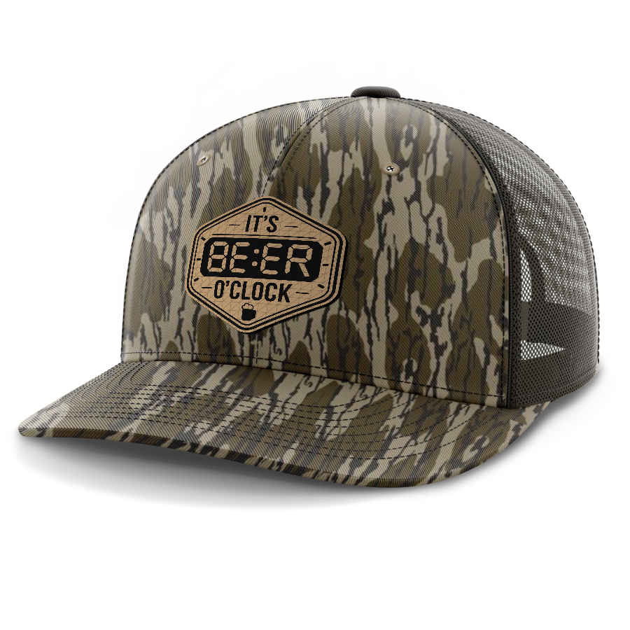 Beer O'Clock — 6 Panel Mid Profile Mesh Back Trucker Hat — Mossy Oak Bottomland