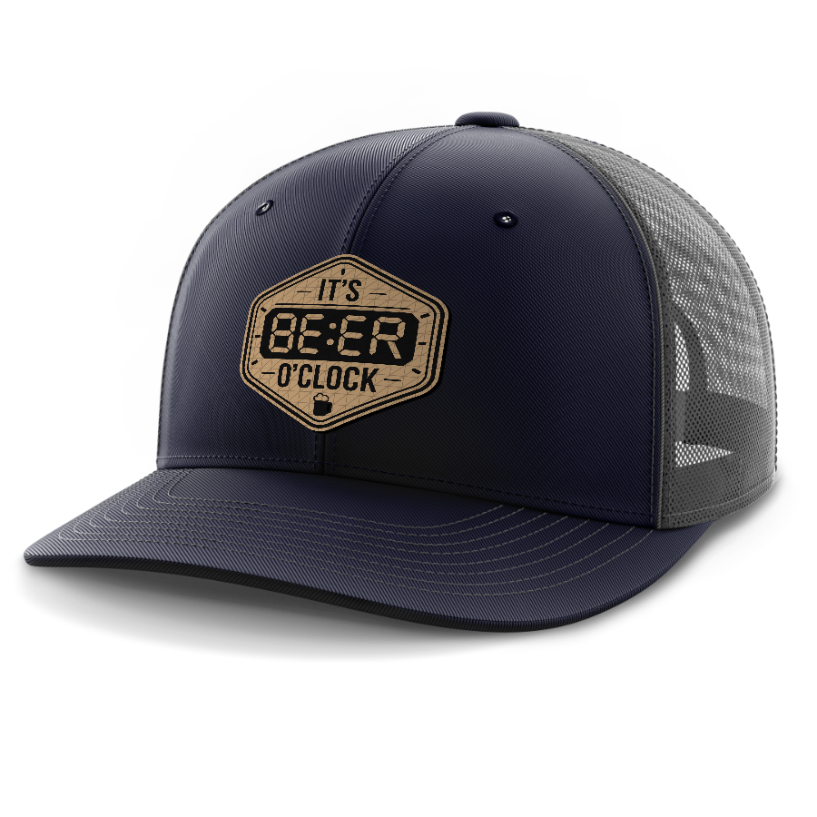 Beer O'Clock — 6 Panel Mid Profile Mesh Back Trucker Hat — Navy | Dark Gray