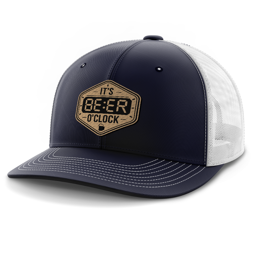 Beer O'Clock — 6 Panel Mid Profile Mesh Back Trucker Hat — Navy | White