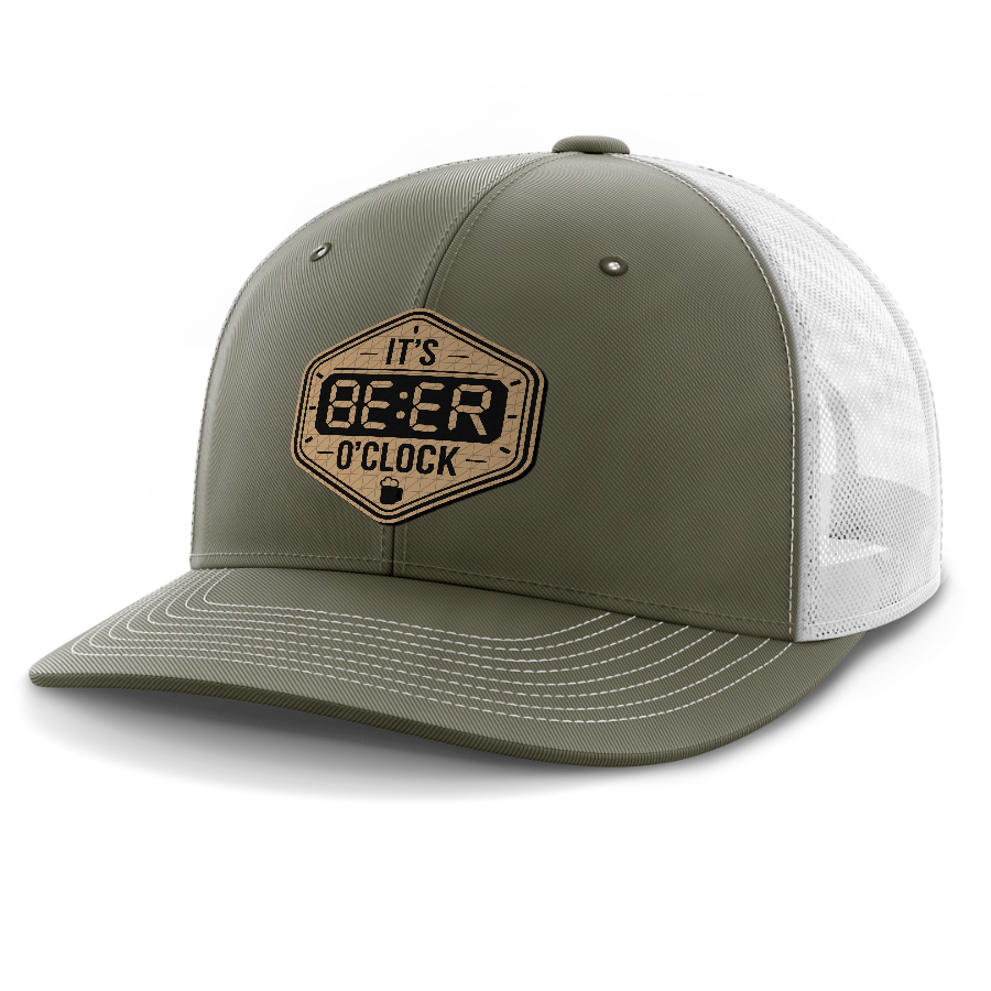 Beer O'Clock — 6 Panel Mid Profile Mesh Back Trucker Hat — Olive Green | White