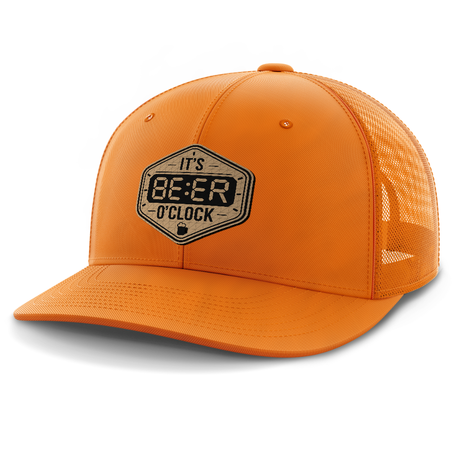 Beer O'Clock — 6 Panel Mid Profile Mesh Back Trucker Hat — Blaze Orange
