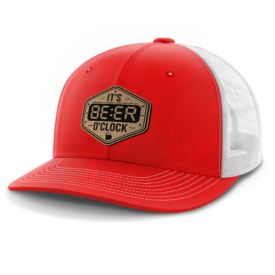 Beer O'Clock — 6 Panel Mid Profile Mesh Back Trucker Hat — Red | White