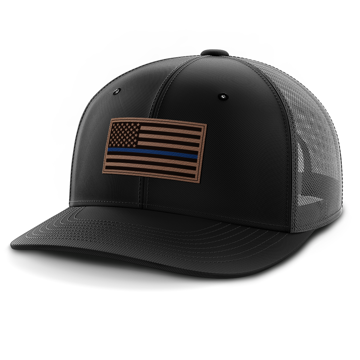 Thin Blue Line Police Flag Hat, Leather Patch Trucker Hat