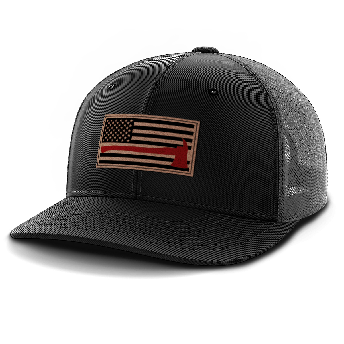 Thin Red Line Firemen Flag Hat with Axe, Leather Patch Trucker Hat