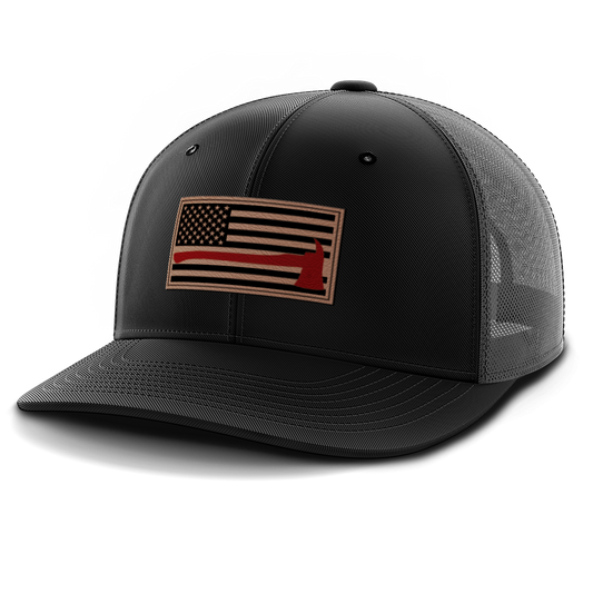 Thin Red Line Firemen Flag Hat with Axe, Leather Patch Trucker Hat