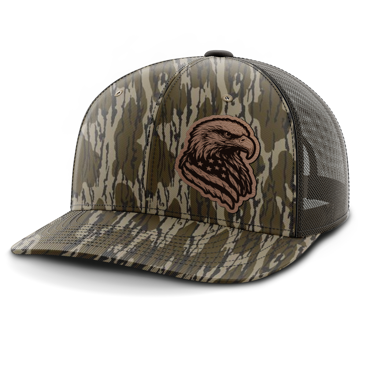 Eagle Flag (left), Leather Patch Trucker Hat