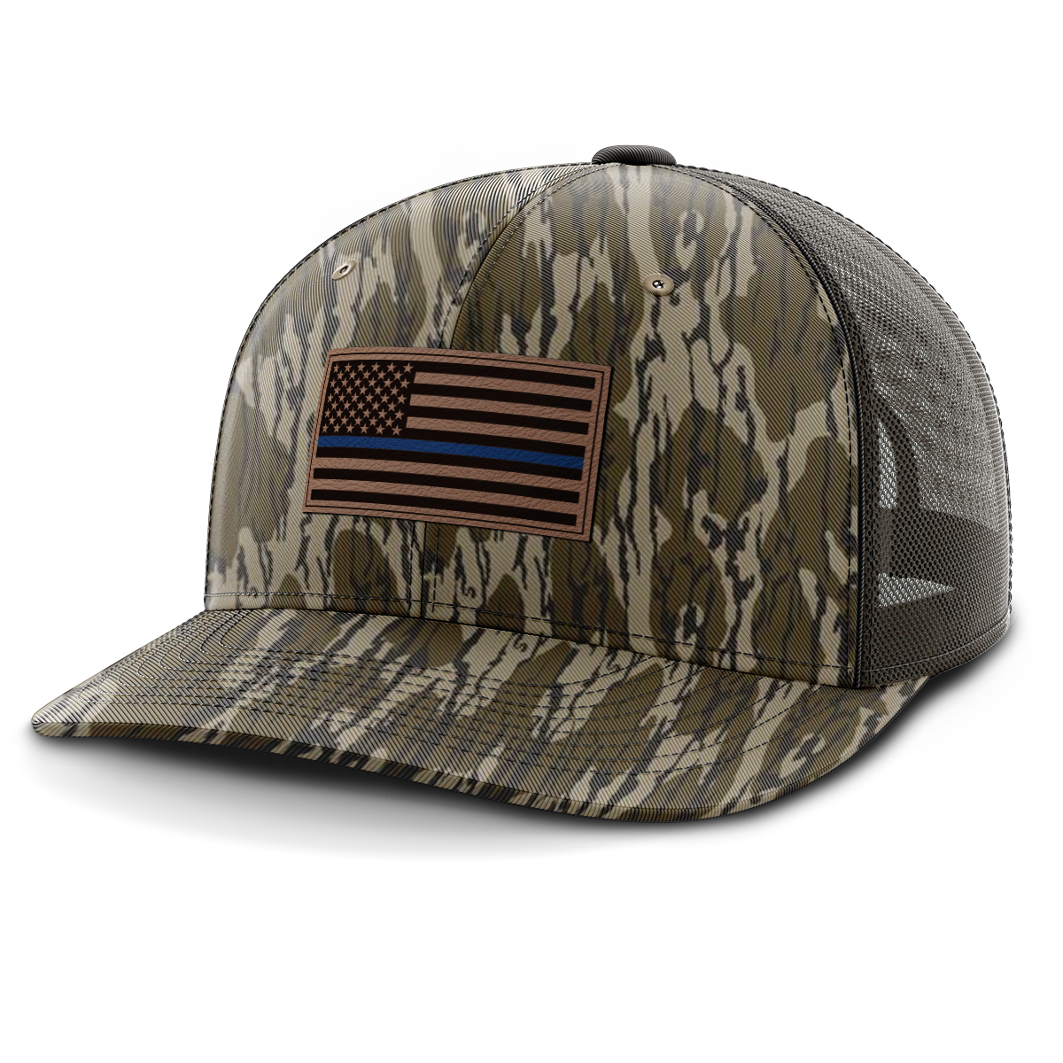 Thin Blue Line Police Flag Hat, Leather Patch Trucker Hat