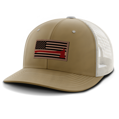 Thin Red Line Firemen Flag Hat with Axe, Leather Patch Trucker Hat