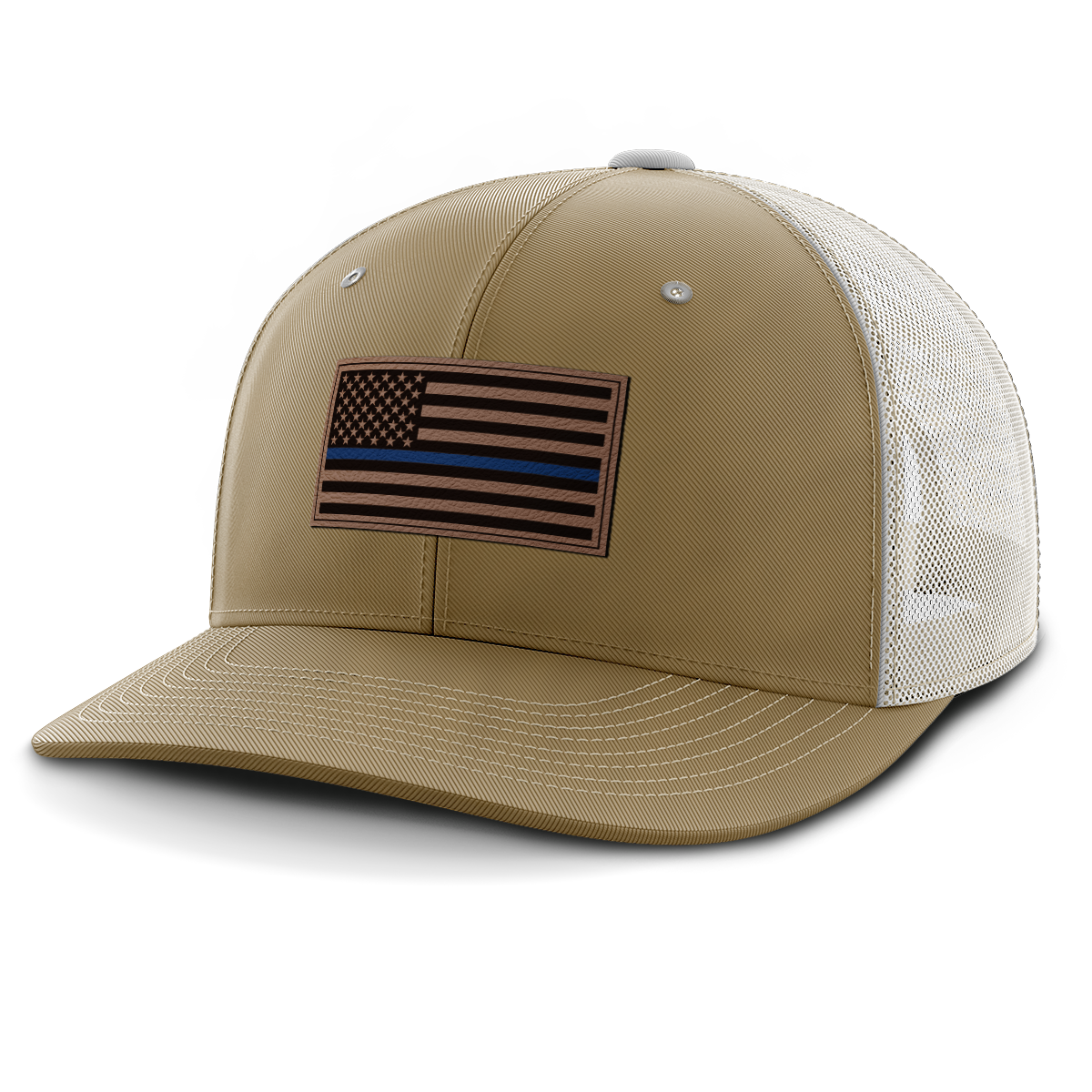 Thin Blue Line Police Flag Hat, Leather Patch Trucker Hat